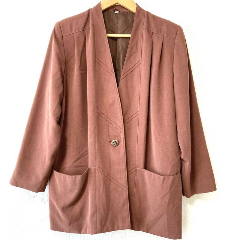 F8102 jacket ジャケット サイズ11 ノーカラージャケット 濃いピンク系 レディース 日本製 肩パッド入り ゆったり シンプル 長袖/UU