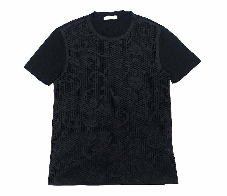 17SS 美品 VERSACE COLLECTION ヴェルサーチ メデューサプレート付 バロッコ柄メッシュ切替 Tシャツ 800816 ブラック メンズ S カットソー