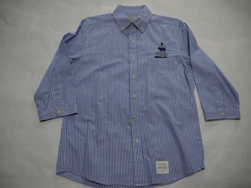【美品・クリーニング済】　INHERIT　インヘリット　ボタンダウンストライプシャツ　7分袖　本物正規品　サイズS　BLUE