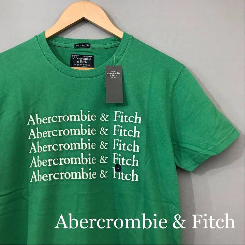 【新品 タグ付き】アバクロ Abercrombie & Fitch Ｔシャツ 半袖 丸首 クルーネック グリーン ロゴ 刺繍 ホワイト メンズ Sサイズ ～◇