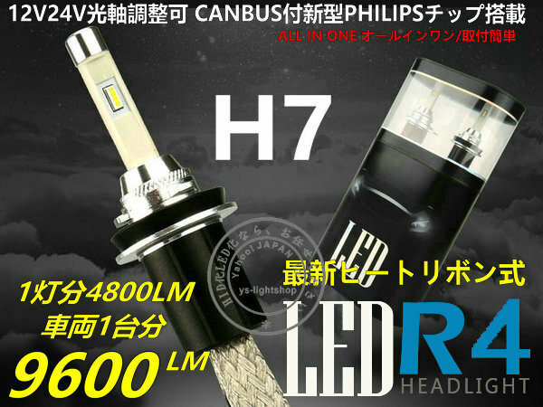 【CANBUS付】PHILIPSチップR4新型両面発光 ヒートリボン式LEDヘッドライト/フォグ12V/24V H7 大光量合計9600LM 6000K