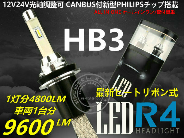 【CANBUS付】PHILIPSチップR4新型 ヒートリボン式 LEDヘッドライト/フォグ12V/24V HB3大光量合計9600LM 6000K