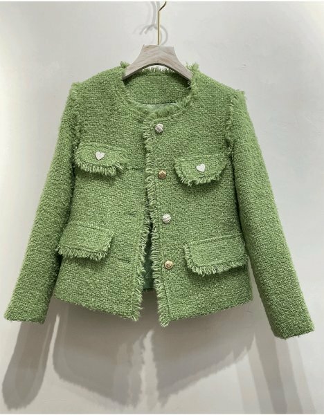 新品新作レディースコートツイードジャケットノーカラー中綿入り緑L