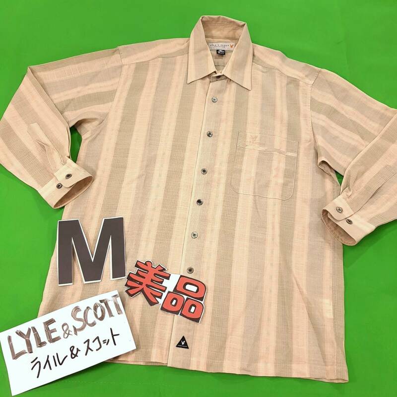 p8★LYLE&SCOTT ライル＆スコット★送料無料★涼しい 上質カラー柄シャツ 長袖★メンズ Mサイズ ベージュ カッターシャツ ワイシャツ