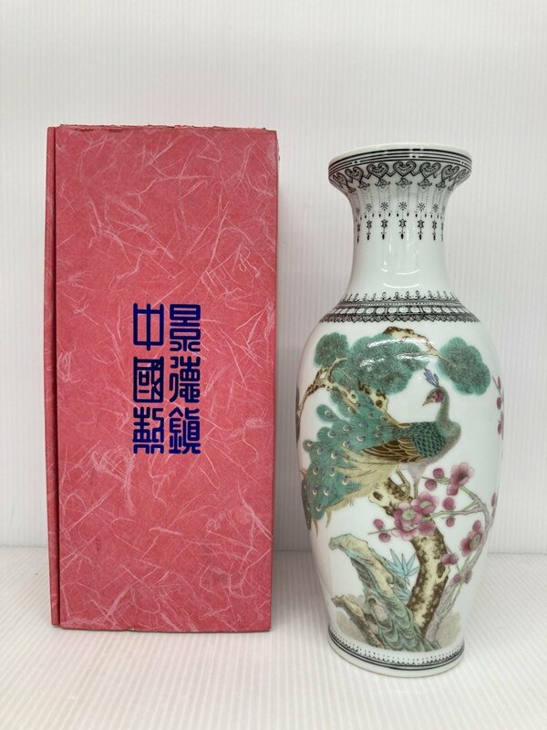 景徳鎮製 粉彩 孔雀 梅図 花瓶 31cm 中古品 紙箱有