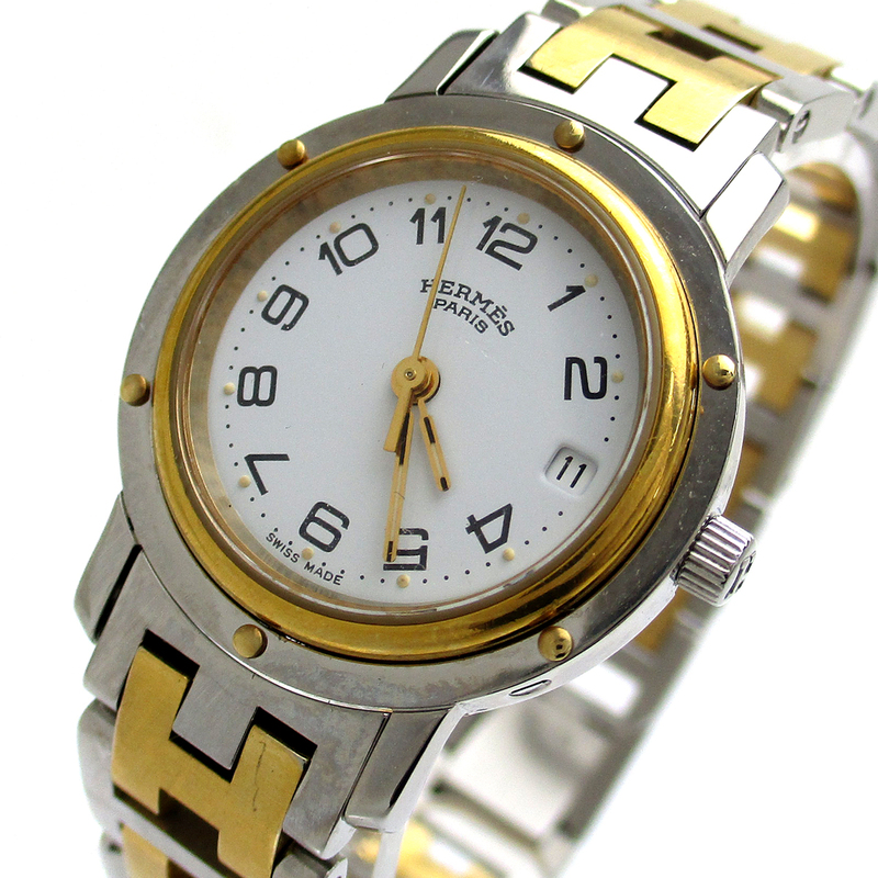 エルメス 時計 クリッパー レディース ゴールドコンビ 白文字盤 CL3.240 HERMES 婦人 クリーニング済 稼動品
