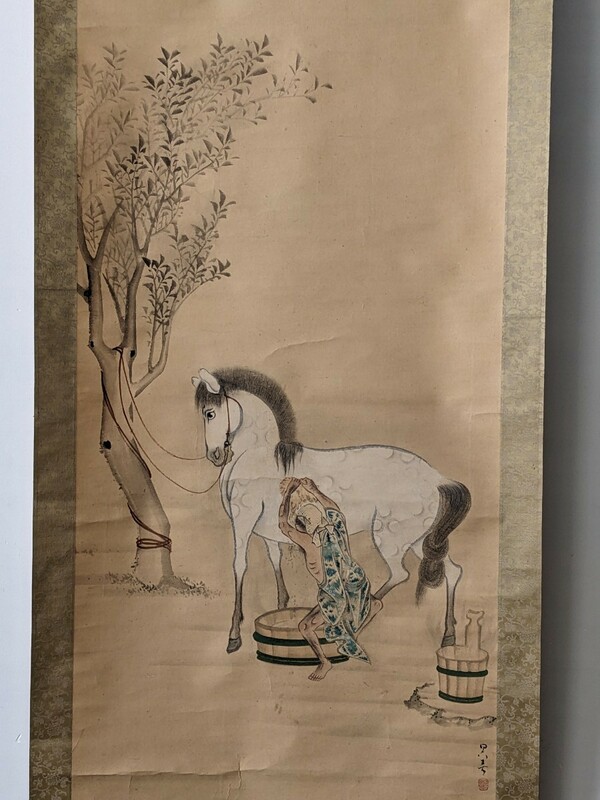3770 【模写】桜陰 洗馬図　掛軸　肉筆　紙本　時代布表装　桐箱