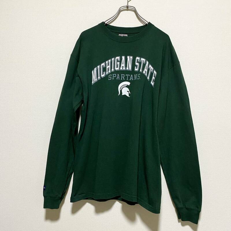 アメリカ古着　ミシガン大学　スパルタンズ　カレッジ　長袖　Tシャツ　ロンT　Sサイズ　コットン　グリーン　【P394】