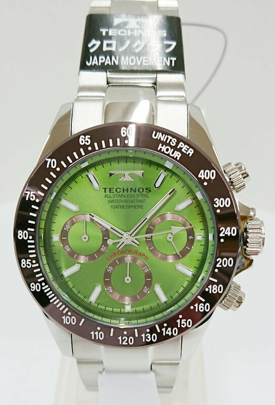 新品未使用品!!TECHNOS/テクノス クォーツ メンズ 腕時計 クロノグラフ グリーンxシルバーカラー T4251AM JAPAN MOVEMENT
