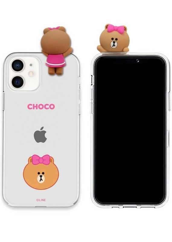 f004)LINE FRIENDS 公式ライセンス品] iPhone 12 mini ソフト ケース ライン フレンズ [ クリア チョコ 透明 BASIC FACE CHOCO KCE-CSB034