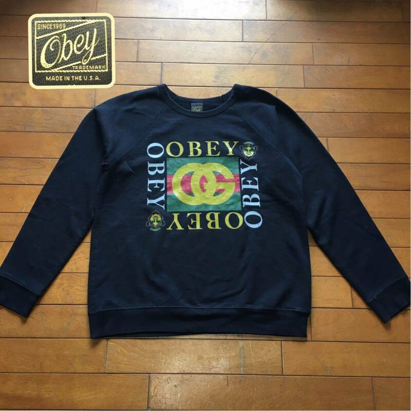 ☆【 Obey 】★ Made in USA プリントスエットクルー★サイズM