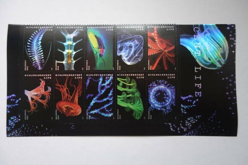 外国切手：アメリカ切手 「発光生物」 10種連刷 未使用