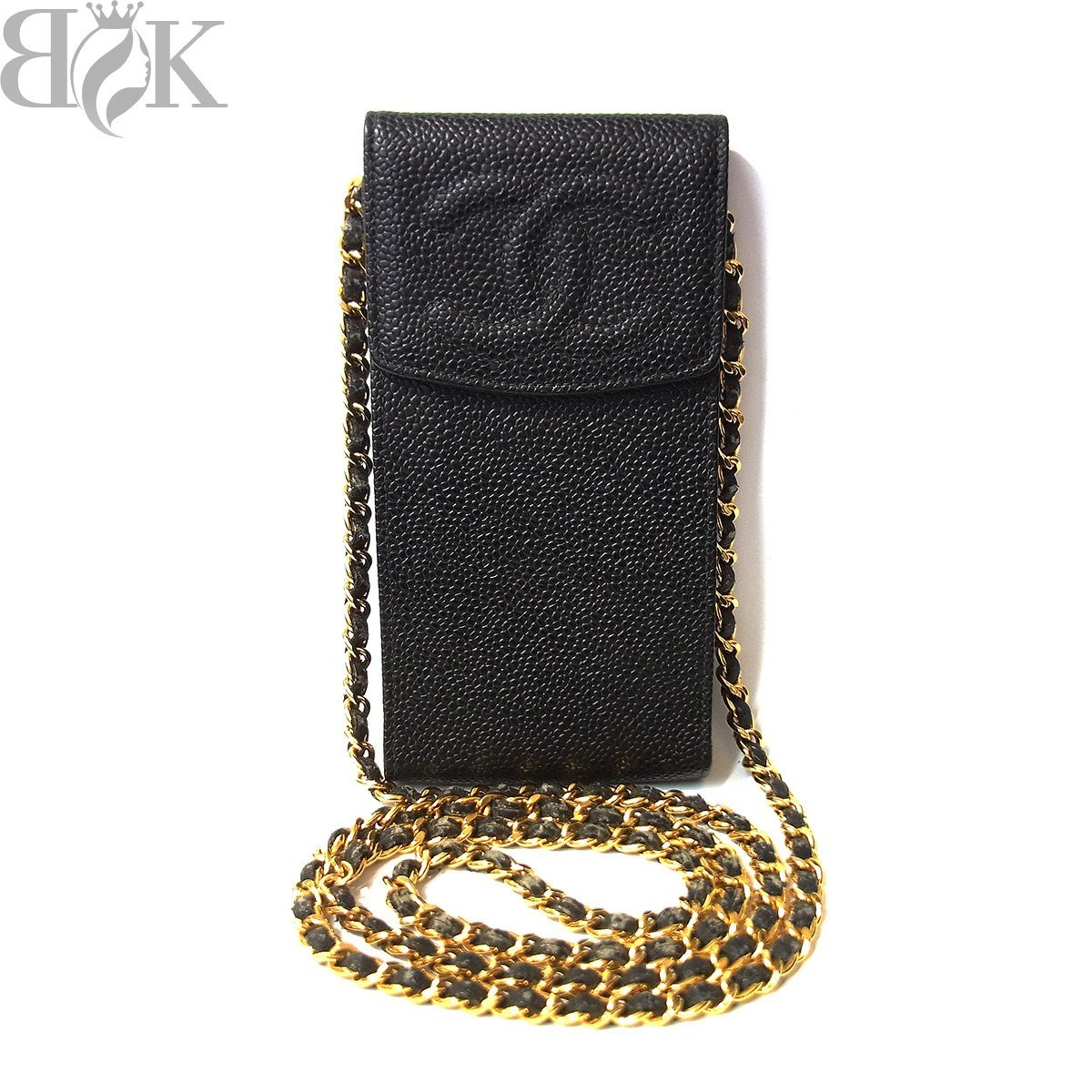 シャネル キャビアスキン 携帯ケース チェーンショルダー 黒 ブラック ゴールド金具 CHANEL 〓