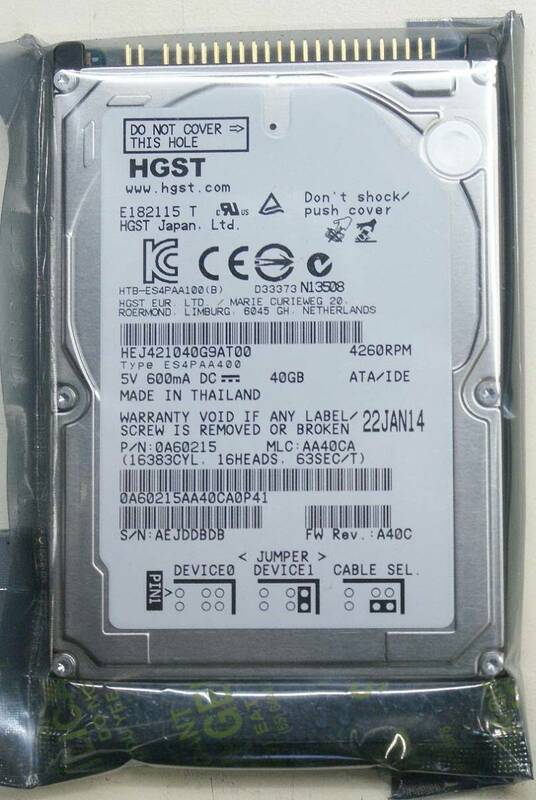 新品/未開封品 日立 HGST HEJ421040G9AT00 ディスク容量 40GB 2.5 インチ PATA (IDE UltraATA 40pin) 9.5mm厚 2.5インチ