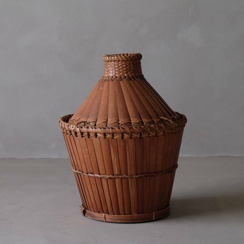 02573 フィリピン ボントック族 竹とラタンのバスケット / アンティーク 籠 花瓶 壺