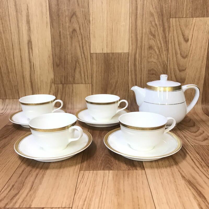 ○送料無料 美品 NARUMI ナルミ カップ&ソーサー 4客・Noritake ノリタケ ティーポット 1個 /ホワイト・ゴールドライン・金彩/ティーセット