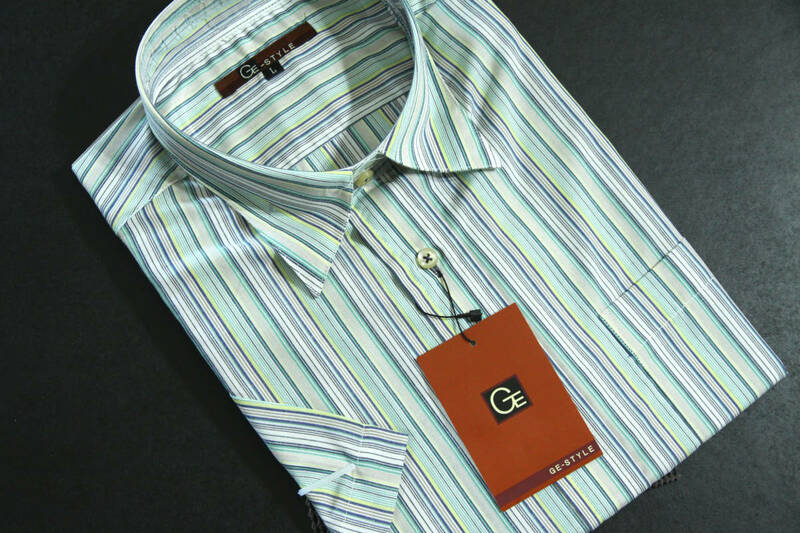 GE-STYLE　半袖シャツ　Lサイズ　グリーン系繊細ストライプ