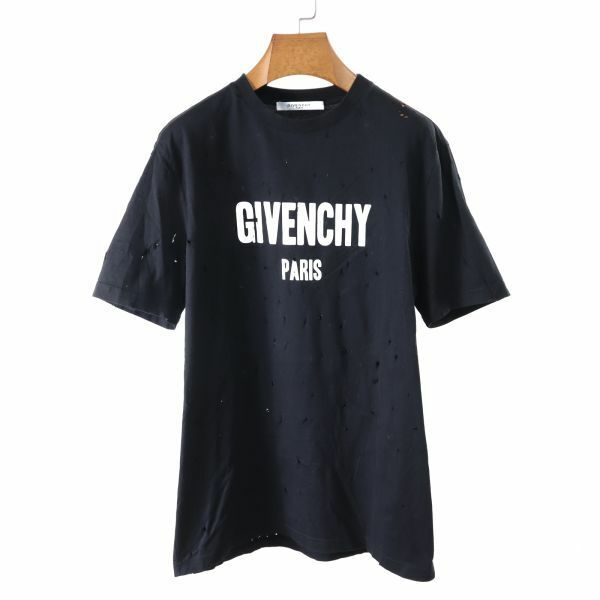 M3-ZH018【美品】ジバンシー GIVENCHY デストロイ加工 ロゴ Tシャツ カットソー ブラック XS メンズ