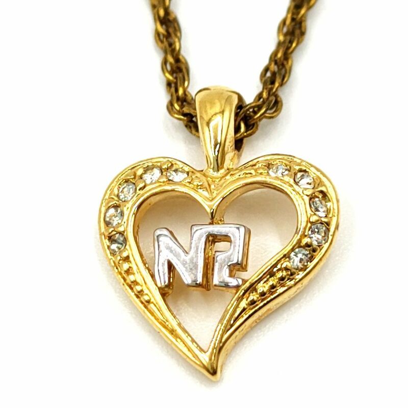 NINA RICCI　ニナ リッチ　ネックレス　ペンダント　ゴールド　ハート　ラインストーン　ロゴ