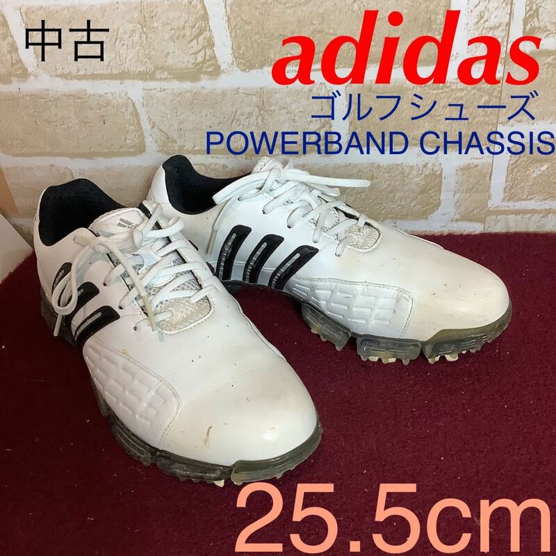 【売り切り!送料無料!】A-146 adidas!ゴルフシューズ!25.5cm!白!黒!ソフトスパイク! POWERBAND CHASSIS 737673!趣味!ゴルフ!中古!