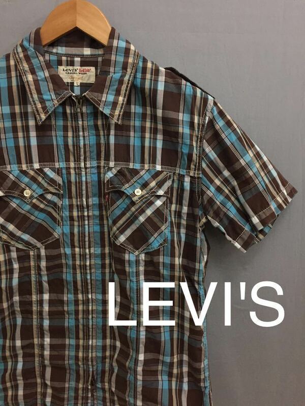 リーバイス LEVI'S ジップ シャツ 半袖 チェック柄 ブラウン メンズ Lサイズ !▲&