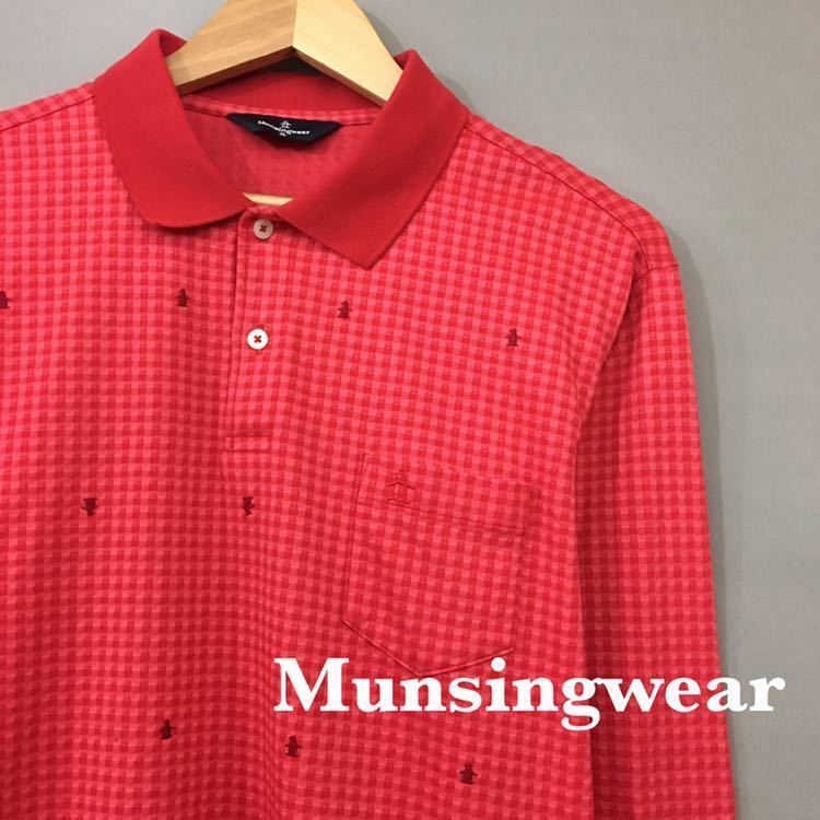 【美品・良品】マンシングウェアMunsingwear ゴルフ golf ポロシャツ ギンガムチェック デサント DESCENTE 日本製 レッド 3Lサイズ ♭▽