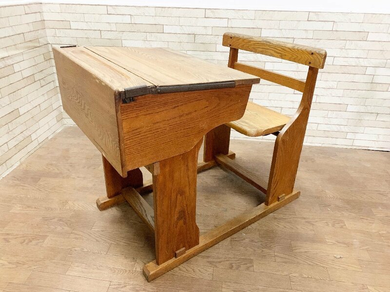 イギリスアンティーク 教会机 チャーチデスク ライティングデスク スクールデスクチェア 一体型 椅子付き勉強机 英国製 ビンテージ 貝150