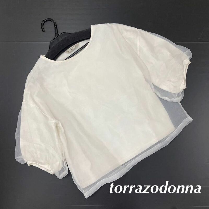 torrazo donna オフホワイト　シフォン　7部丈カットソー　ブラウス　Ｍサイズ　ふんわり袖　フレアスリーブ