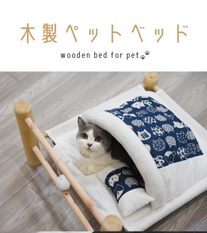 ☆猫柄の布団☆　ペット用ベッド　木製　猫　犬　かわいい　53cm×48cm　ペットベッド　洗濯可能