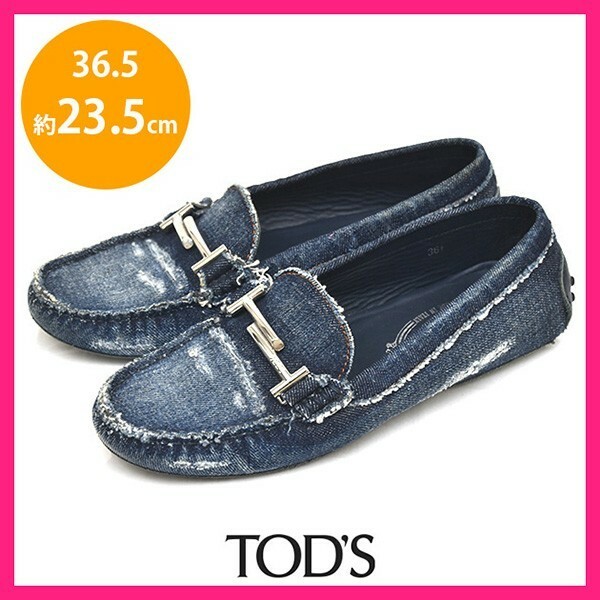 トッズ TOD'S Tロゴ バックル ダメージデニム ローファー フラットシューズ ドライビングシューズ ブルー 青 36.5(約23.5cm) sh23-0648