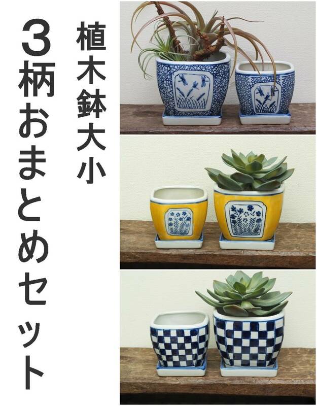 【3柄おまとめセット】植木鉢大小　蜻蛉(とんぼ)　黄色　石畳　　皿付　多肉植物　盆栽　観葉植物　苔　和風