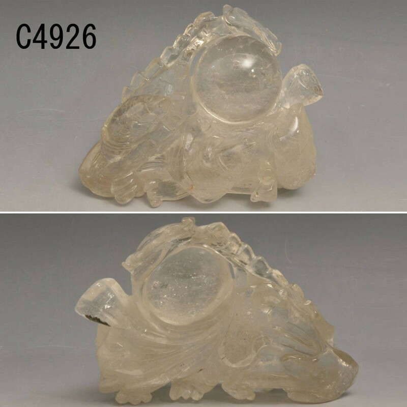 C04926 水晶 鯉蓮彫置物 約1317ｇ：真作