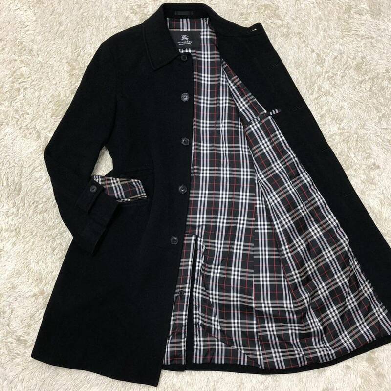 希少L！バーバリーブラックレーベル【極上のカシミヤ】BURBERRY BLACK LABEL ロングコート ノバチェック裏地 比翼仕立て ステンカラー 高級