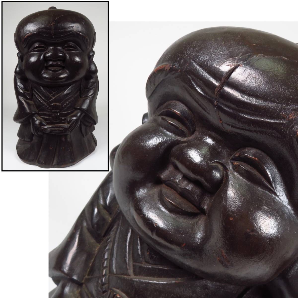 【SAKURAYA】高さ42cmの時代ある大型作品【木彫 古い福助人形】細密彫刻 木製 置物 縁起物 商売繁盛 骨董品 古美術品