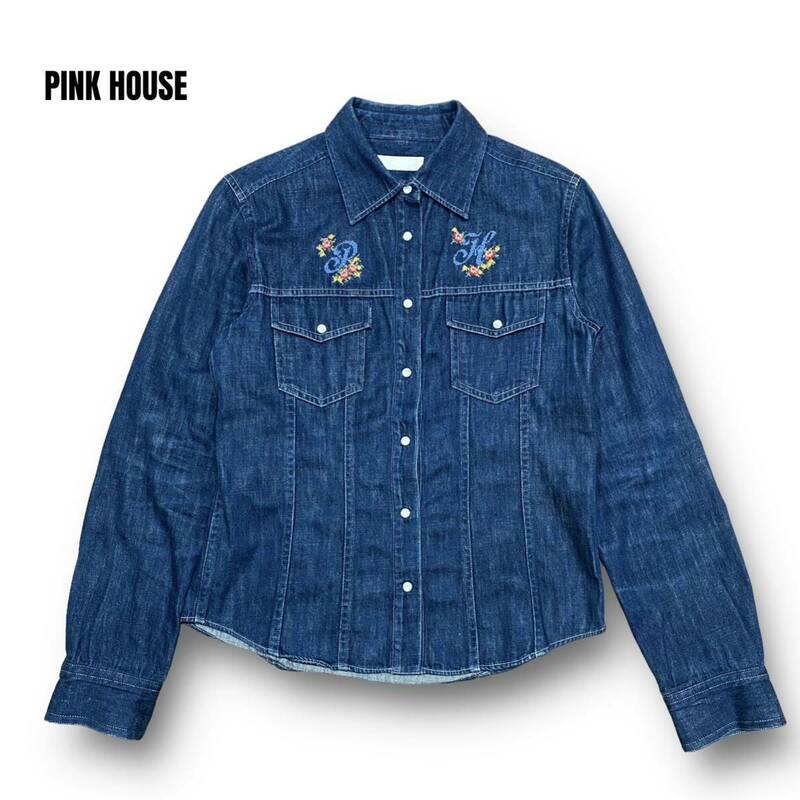 PINK HOUSE ピンクハウス デニム 長袖 シャツ 花柄 刺繍 インディゴ トップス shirt 胸ポケット サイズ M