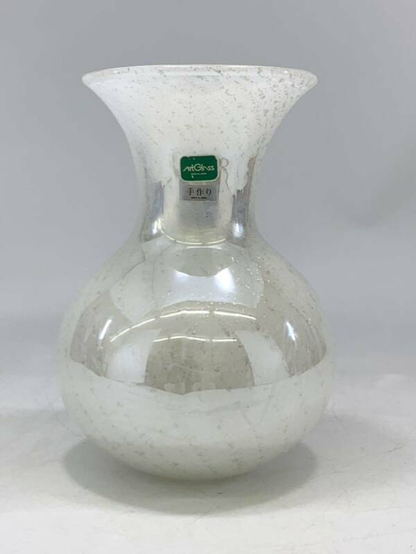 CI006- Art Glass 手作り フラワーベース 花瓶 ホワイト 日本製 未使用