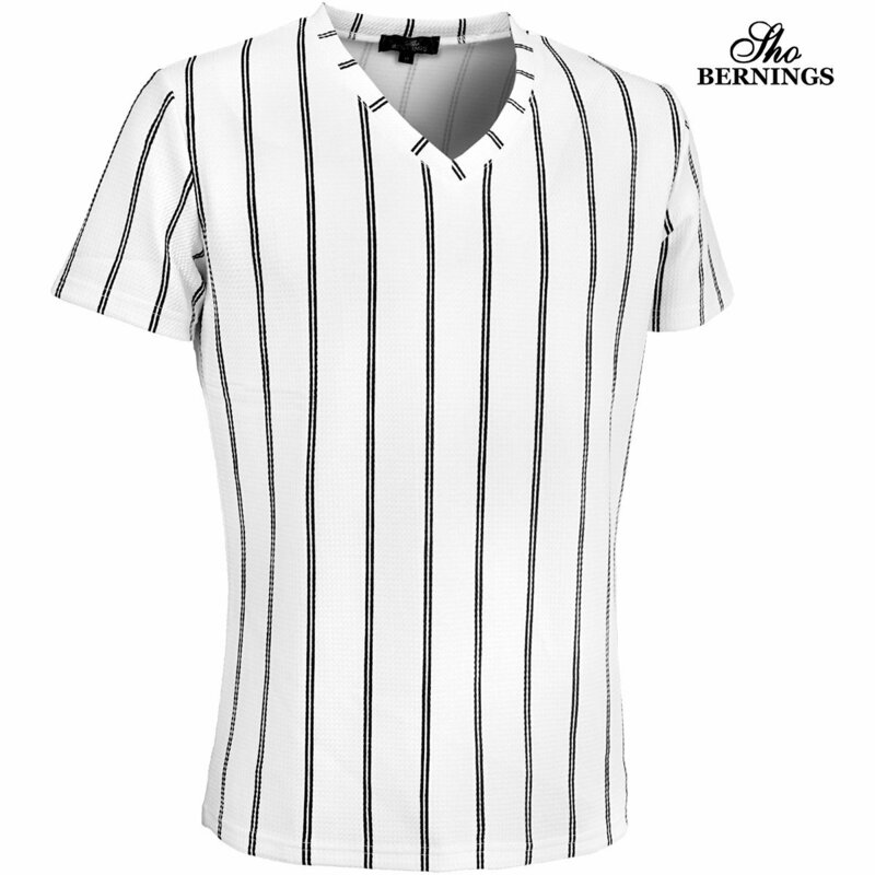 319032-01 Bernings sho Tシャツ Vネック ダブルストライプ シンプル 半袖 mens メンズ(ホワイト白) きれいめ カジュアル L