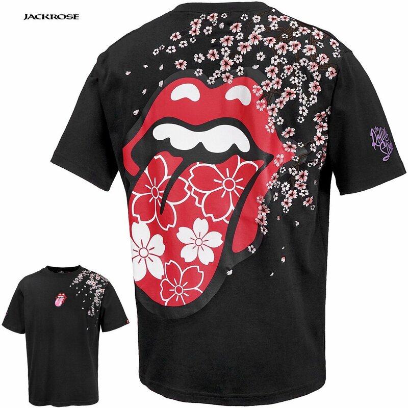 523565-012 THE ROLLING STONES ローリングストーンズ 半袖Tシャツ リップアンドタン 桜 刺繍 メンズ クルーネック コラボ(ブラック黒) L