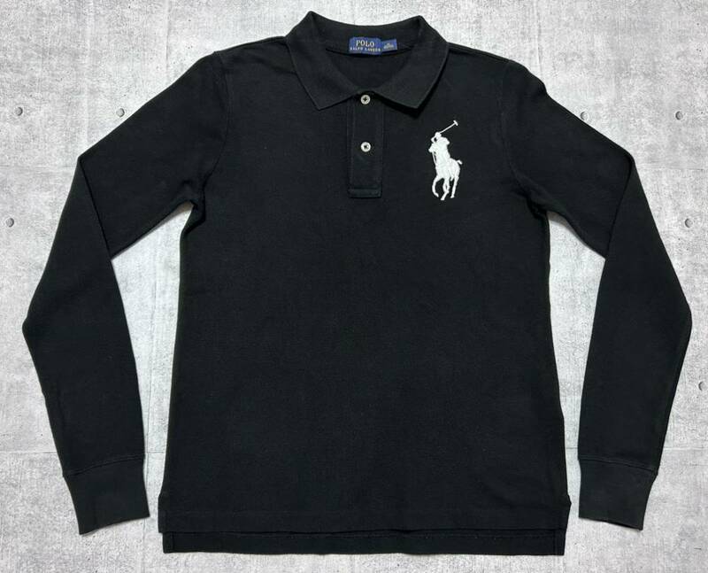 美品 ポロ ラルフローレン ビッグポニー 鹿の子 ポロシャツ 長袖 刺繍ロゴ　　ブラック POLO RALPH LAUREN レディース 柳8244