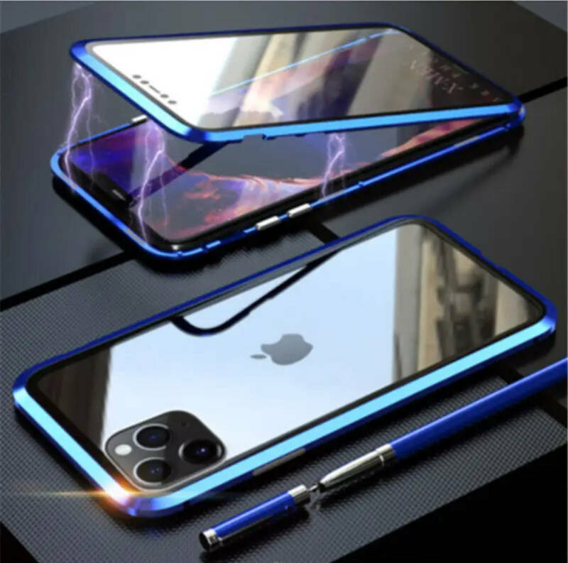 iPhone7Plus iPhone8Plus スマホケース アルミバンパー アルミ 強化ガラス メタルフレーム クリアケース 液晶フィルム ブルー　1