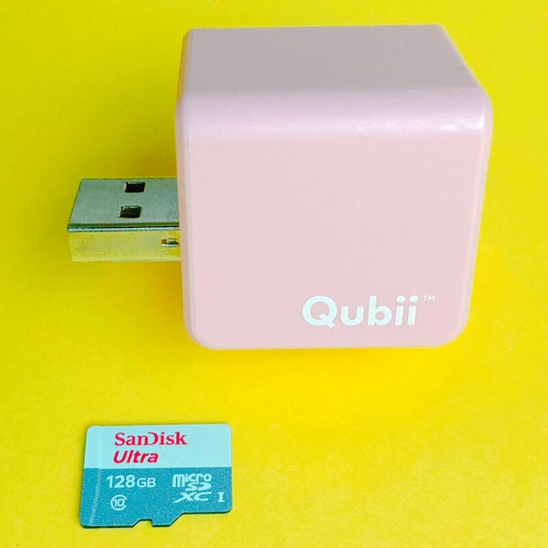 SanDisk microSDXCカード 128GB付 maktar Qubii ピンク 充電しながらバックアップ iPhone用 microSDマイクロSDメモリーカードリーダー USB