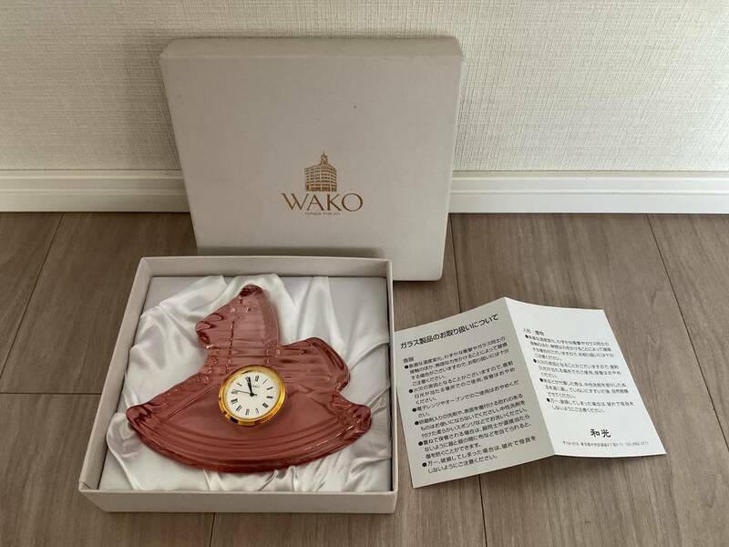 WAKO 和光 クロック、置き時計（ガラス、クリスタル、ピンクの木馬）完動品、箱つき