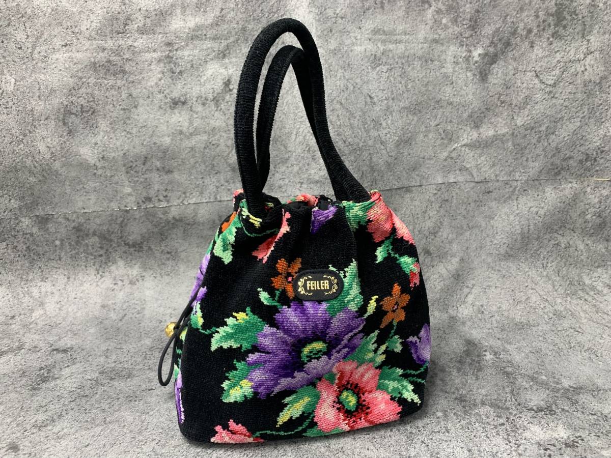 【 FEILER トートバッグ ハンドバッグ 】フェイラー BLK 花柄 巾着トート