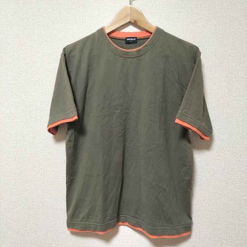 ★90s OLD UNIQLO 旧タグ Tシャツ 重ね着風 リンガー風 メンズ サイズM クルーネック 半袖 カーキ オレンジ オールド ユニクロ 古着 USED