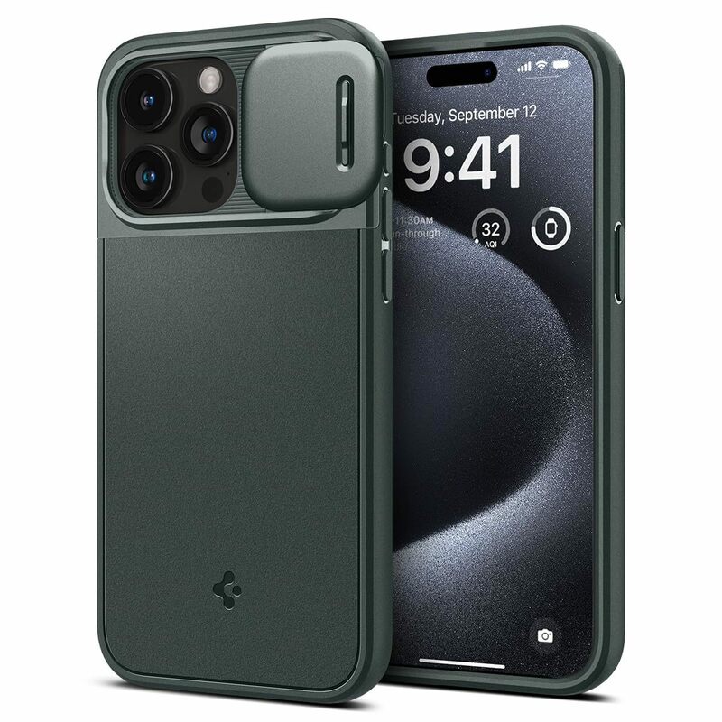 Spigen iPhone15Pro ケース MagSafe 耐衝撃 カメラレンズ保護 スライド式 ワイヤレス充電対応 ACS06739 アビス・グリーン