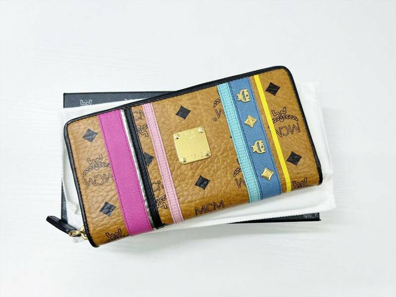 未使用保管　MCM　エムシーエム　ヴィセトス　 ロゴグラム　ラウンド長財布　ブラウン　マルチカラー