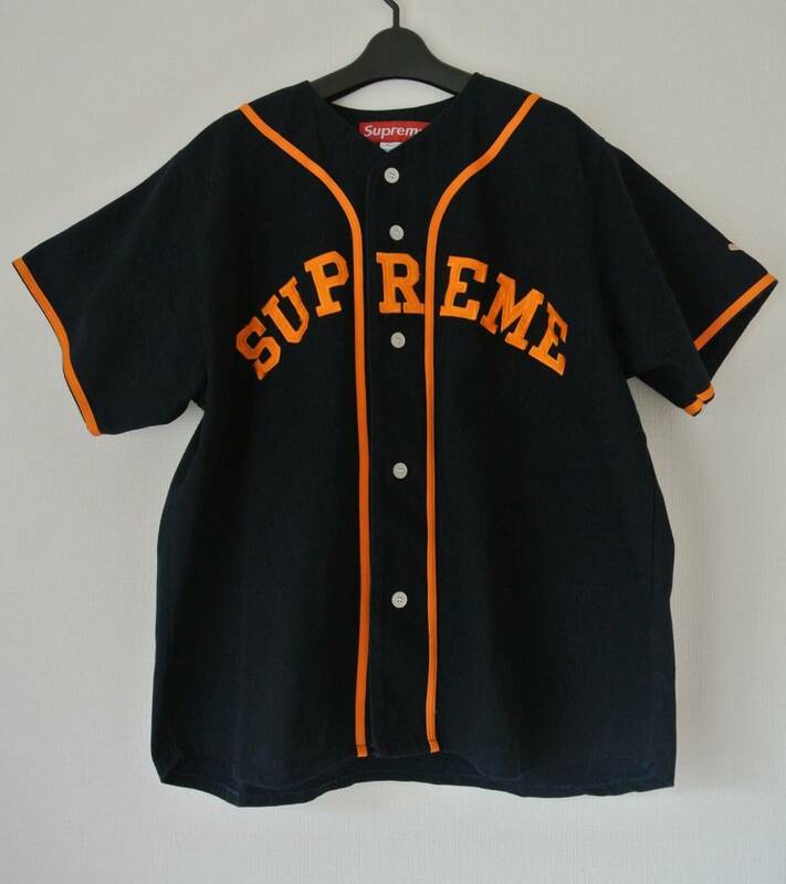 シュプリーム SUPREME ベースボールシャツ USA製 希少 初期モデル 1997年製 当時物 ヴィンテージ ネイビー 紺 ロゴ刺繍 オーバーサイズ XL