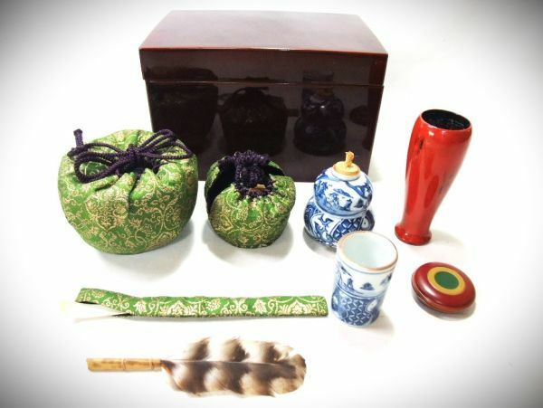 【睦】茶箱 野点 全8点 天然木 本漆器 茶道具 三島手茶碗他 美品■