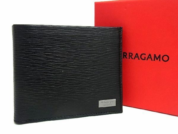 ■新品■未使用■ Salvatore Ferragamo フェラガモ レザー 二つ折り 財布 ウォレット 札入れ メンズ ブラック系 AS2521