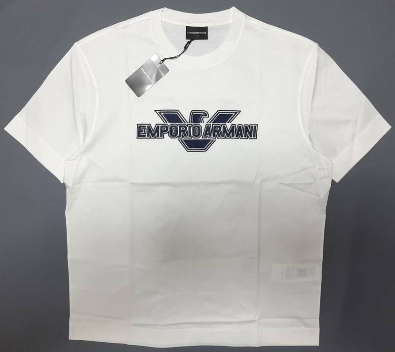 [新品]EMPORIO ARMANI　シグネチャーの刺繍ロゴ入り【メンズ・ジャージ半袖Tシャツ】◆2023年春夏モデル　サイズ：3XL(56相当)　◆色：白